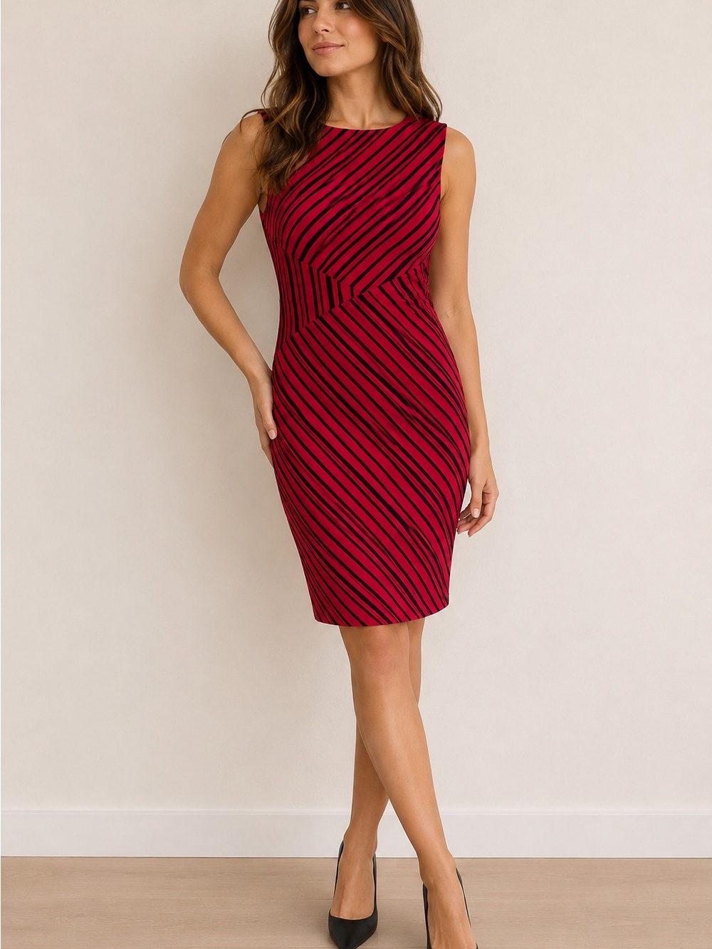 Calvin Klein Petite Red Black Striped Sheath Dress Lined